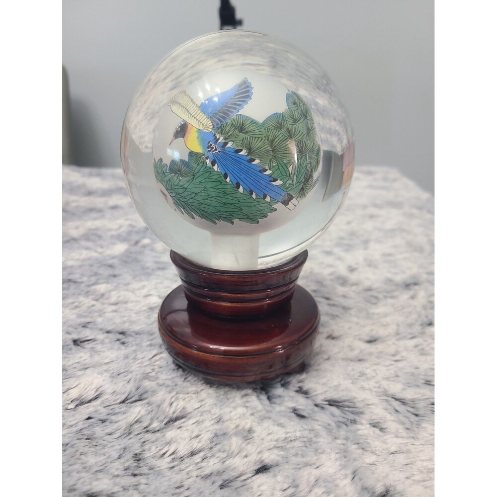 Vintage Asian Reverse Hand Painted Glass Ball Bird Scene Wood Rotating Stand